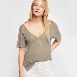 Free People We The Free Sun Kissed Striped Cold Shoulder Tee in Moss Green